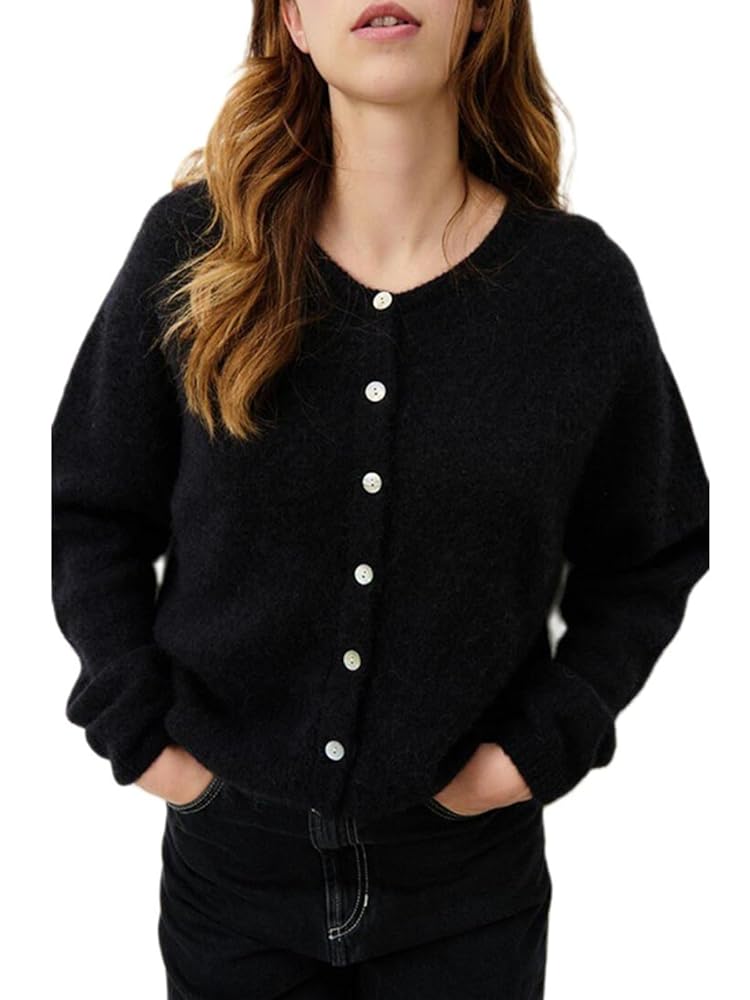 トップス OUAT 011- BLACK OFFICE CREWNECK CARDIGAN Women's Casual Cardigan Sweater Button Down Crewneck Soft